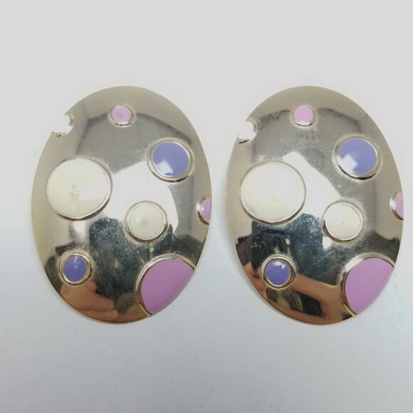 Vintage Pastel Polka Dot Oval Stud Earrings, Pink Purple Enamel, Retro 80s Style - Picture 5 of 6
